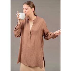 Zara | Women's Size L Notched Split Neck Hi-Low Tunic Brown Lyocell Shirt